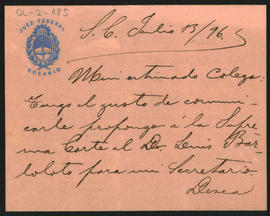 Nota de Daniel Goytia, Juez Federal de Rosario, a Ovidio A. Lagos enviada el 13 de julio de 1896