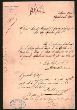 Nota del Comodoro Martín Rivadavia al Director General de Correos y Telégrafos, Doctor Carlos Carlés