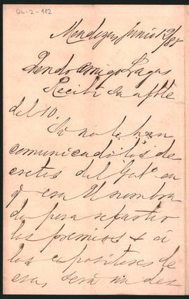 Carta de [...] Benegas a Ovidio Lagos enviada el 12 de junio de 1885