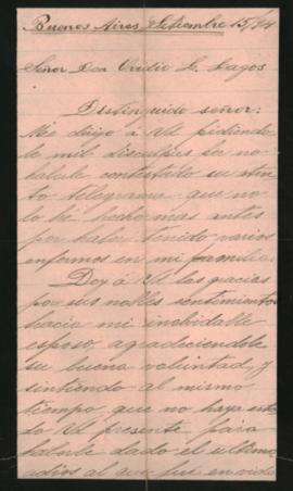 Carta de Julia M. de Mathon a Ovidio A. Lagos enviada desde Buenos Aires el 15 de septiembre de 1894