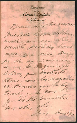 Carta de Ovidio Lagos a Ovidio Amadeo Lagos enviada desde Buenos Aires en noviembre de 1890