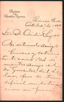 Carta de Julio A. Roca a Ovidio Lagos enviada desde Buenos Aires el 7 de octubre de de 1885
