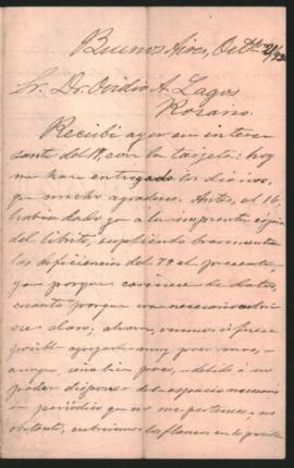 Carta de Carlos Mathon a Ovidio A. Lagos enviada desde Buenos Aires el 21 de octubre de 1893