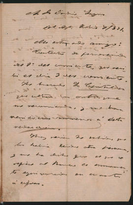 Carta de Manuel Bilb[ao] a Ovidio Lagos enviada desde Buenos Aires el 7 de julio de 1872.