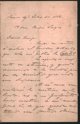Carta de [...] a Ovidio Lagos enviada el 21 de julio de 1886