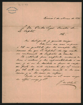 Carta de J. [Abente] a Ovidio A. Lagos enviada desde Rosario el 5 de marzo de 1895.