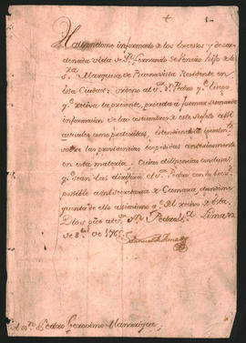 Orden del Virrey del Perú Manuel de Amat y Junient, a don Pedro Gerónimo Manrique