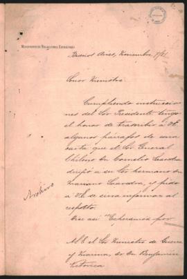 Nota de Bernardo de Irigoyen a Benjamín Victorica del 7 de noviembre de 1881.