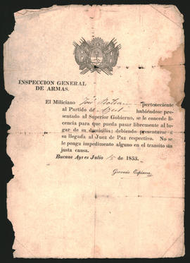 Certificado de licencia del miliciano José Roldán