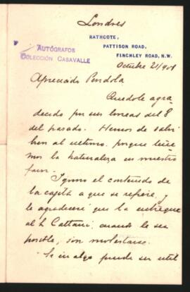 Carta de Francisco P. Moreno al señor Péndola