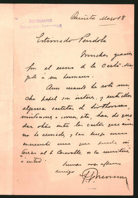 Nota de Francisco P. Moreno al señor Péndola,