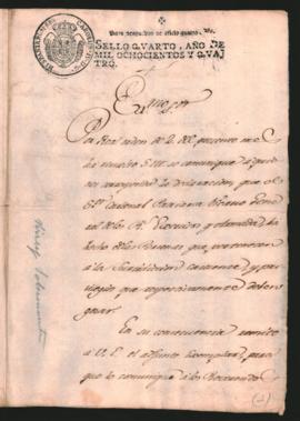 Comunicación del Supremo Consejo, al Virrey del Río de la Plata, Marqués Rafael de Sobremonte, in...
