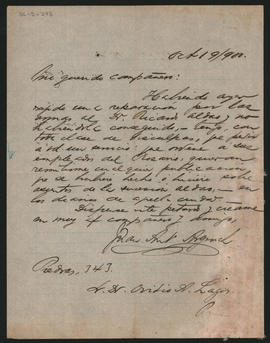Carta de Juan A. Argerich a Ovidio A. Lagos enviada el 19 de octubre de 1900