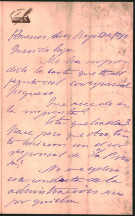 Carta de Ovidio Lagos a Ovidio Amadeo Lagos, enviada en mayo de 1890