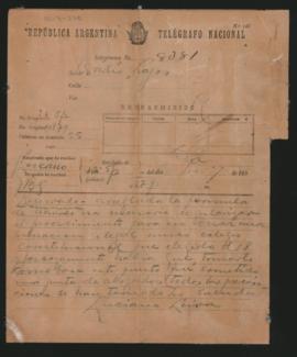 Telegrama de Luciano Leiva a Ovidio A. Lagos enviada en 189[8]