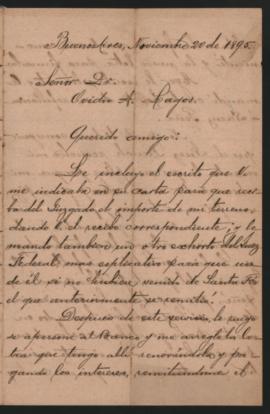 Carta de Nicasio Oroño a Ovidio A. Lagos enviada desde Buenos Aires el 20 de noviembre de 1895