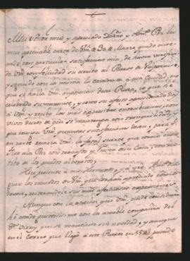 Carta de Joaquín del Pino a Francisco Tadeo Diez de Medina, felicitándolo por su arribo a Valpara...