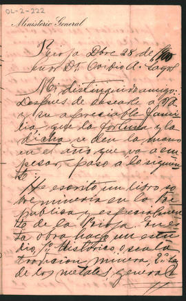 Carta de Nicolás Vera, a Ovidio Lagos enviada desde la Rioja el 28 de diciembre de 1900