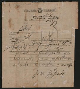 Telegrama de José Zapata a Ovidio A. Lagos enviado el 18 de junio de 1892.
