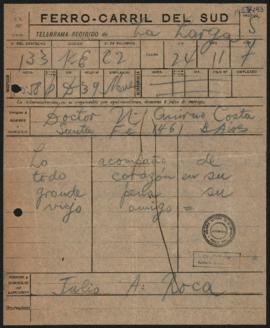 Telegrama de Julio Argentino Roca a Norberto Quirno Costa del 24 de noviembre de 1904.