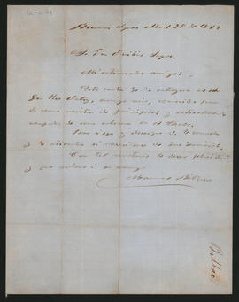 Carta de Manuel Bilbao a Ovidio Lagos enviada desde Buenos Aires el 2[5] de abril de 1872