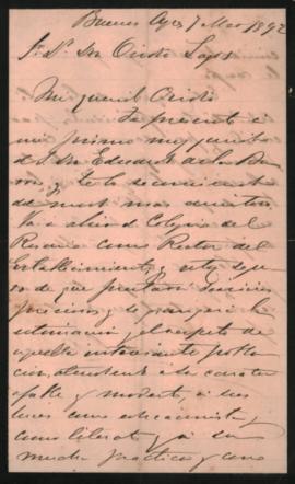 Carta de Federico de la Barra a Ovidio A. Lagos enviada desde Buenos Aires el 7 de marzo de 1892