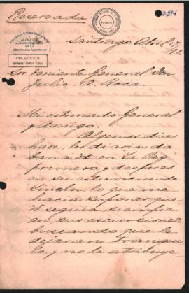 Carta de (se presume) Norberto Quirno Costa al teniente general Julio Argentino Roca el 17 de abr...