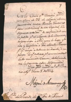 Orden de Miguel de Azcuénaga al Alcalde del partido de San José de Flores Antonio Millán