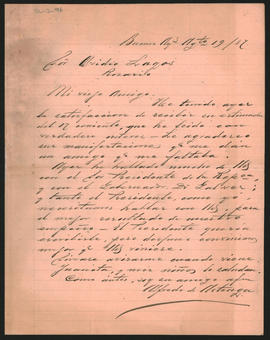 Carta de Alfredo de Arteaga a Ovidio Lagos enviada desde Rosario el 19 de agosto de 1887