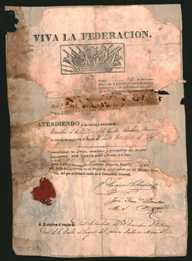 Despacho firmado por el Brigadier Pascual Echagüe, nombrando a Ambrosio Merna en el cargo de Porta Estandarte