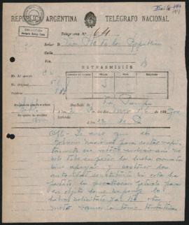Telegrama oficial de Julio Argentino Roca a Norberto Quirno Costa del 16 de marzo de 1900.