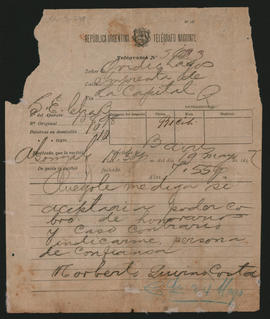 Telegrama de Norberto Quirno Costa (1844-1915) a Ovidio A. Lagos (1854-1916) enviado el 19 de may...