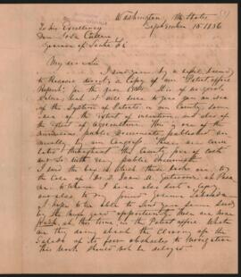 Carta de Thomas J. Pages, a José Cullen, avisándole el envío de una copia del informe de la Oficina de Patentes para el año 1854