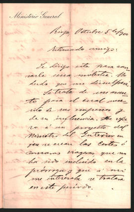 Carta de Nicolás Vera a Ovidio A. Lagos enviada desde La Rioja el 5 de octubre de 1900
