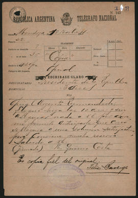 Telegrama de Norberto Quirno Costa al Presidente de la República el 18 de noviembre de 1894.