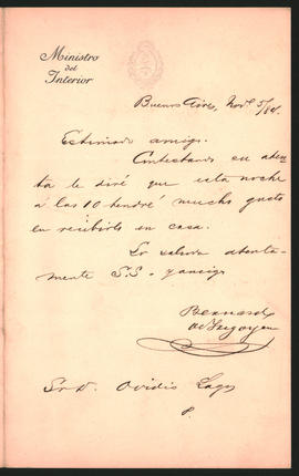 Carta de Bernardo de Irigoyen a Ovidio Lagos enviada desde Buenos Aires el 5 de noviembre de 1884