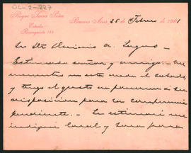 Nota de Roque Sáenz Peña a Ovidio A. Lagos enviada desde Buenos Aires el 25 de febrero de 1901