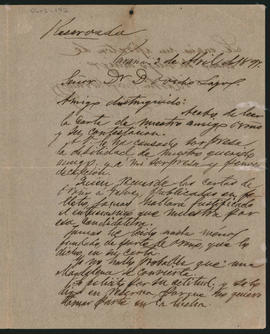 Carta de Martín Ruíz [Moreno] a Ovidio A. Lagos enviada desde Paraná el 3 de abril de 1897