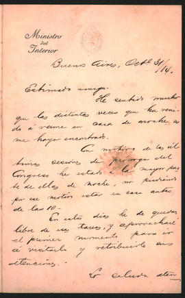 Carta de Bernardo de Irigoyen  a Ovidio Lagos enviada desde Buenos Aires el 31 de octubre de 1884