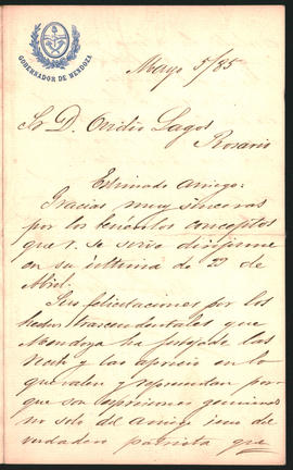 Carta de Rufino Ortega a Ovidio Lagos enviada el 5 de mayo de 1885