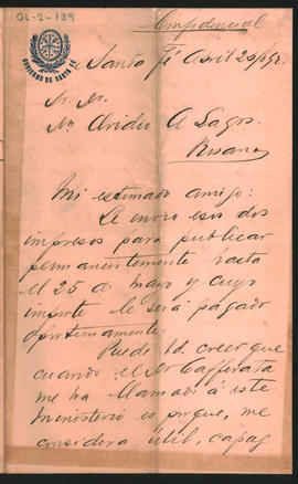 Carta (confidencial) de Gabriel Carrasco a Ovidio A. Lagos enviada el 23 de abril de 1891