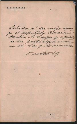 Nota de Estanislao S. Zeballos (1854-1923) a Ovidio Lagos (1825-1891) enviada el 5 de septiembre ...