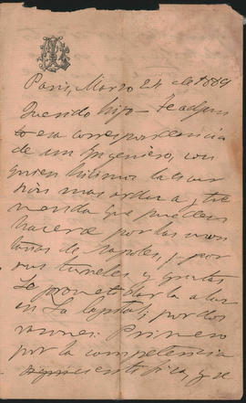 Carta de Ovidio Lagos a Ovidio Amadeo Lagos enviada desde París en marzo de 1889.