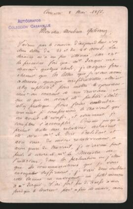 Carta de Martín de Moussy a Juan María Gutiérrez, comentando su sorpresa ante el pedido de Derqui