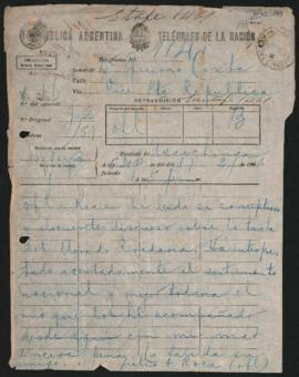 Telegrama oficial de Julio Argentino Roca a Norberto Quirno Costa del 17 de febrero de 1901.