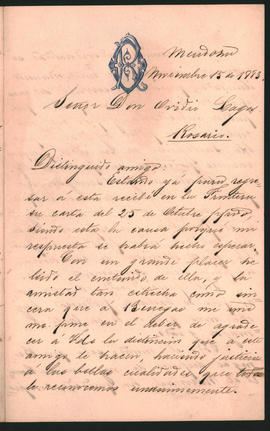 Carta de Rufino Ortega a Ovidio Lagos enviada desde Mendoza con fecha del 15 de noviembre de 1883