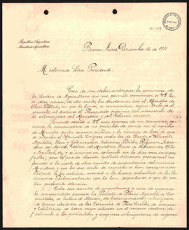 Carta de Eleodoro Lobos al Presidente Roque Sáenz Peña