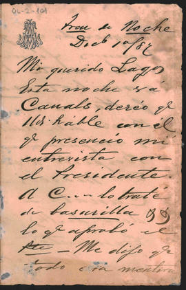 Carta de Alfredo de Arteaga a Ovidio Lagos enviada el 1° de diciembre de 1887