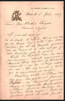Carta de [...] de Arteaga a Ovidio Lagos enviada desde París el 5 de julio de 1889