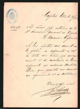 Nota del Teniente General Nicolás Levalle al Jefe Interino de la primera división, General de Brigada Zacarías Súpisiche,